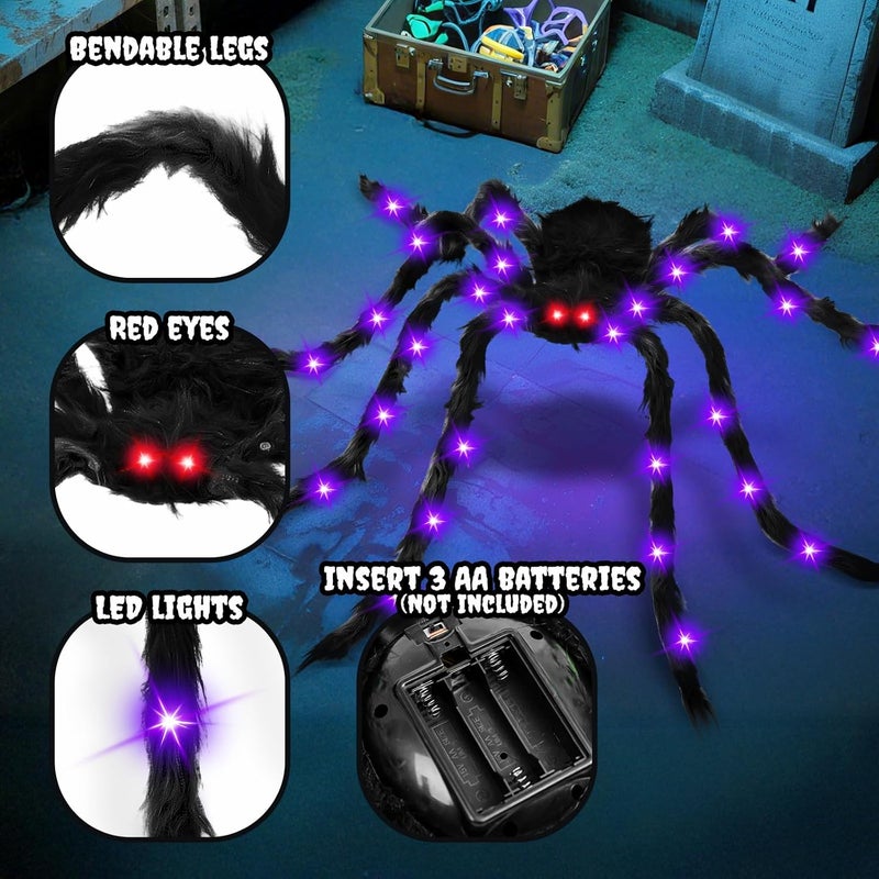 Thuodo 6.6 FT Giant Spider Halloween Decorations Light Up Scary Spider with Red LED Eyes Purple Lights for Yard Lawn Garden Porch Halloween Party Haunted House Indoor Outdoor Decor - Image 2